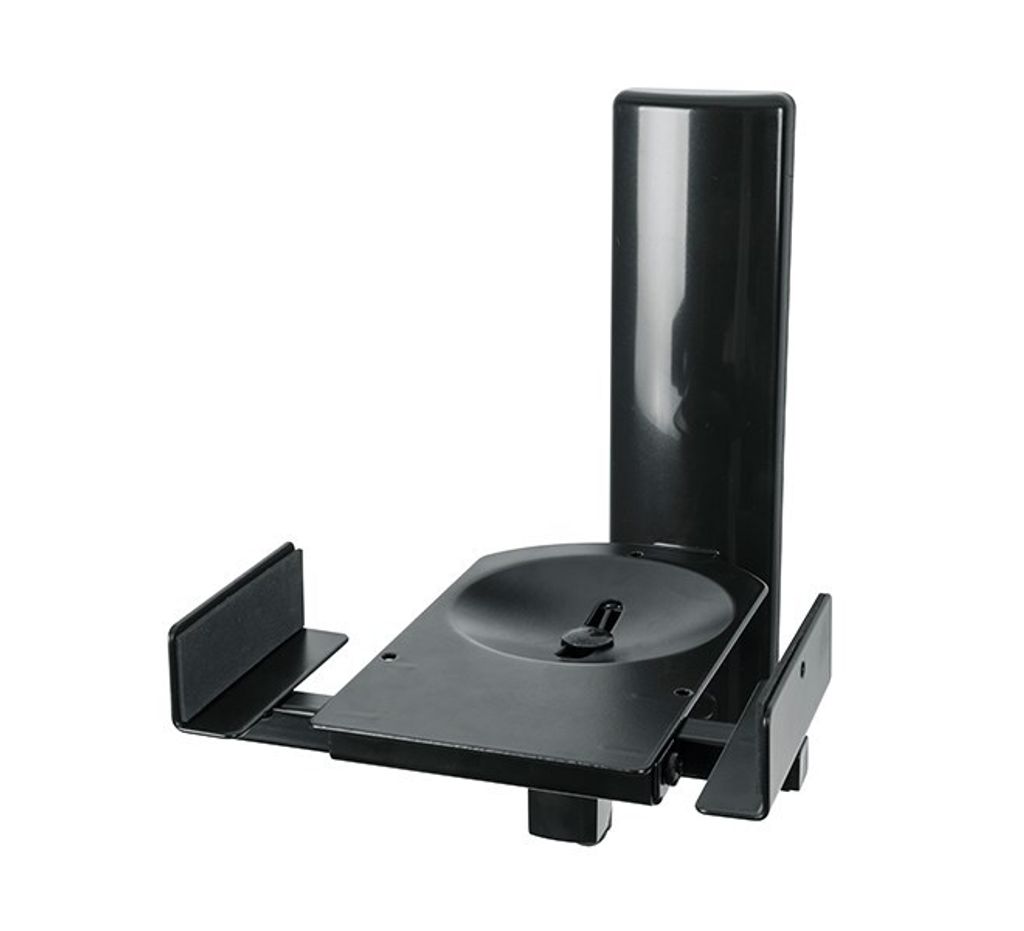A black speaker wall mount bracket is shown against a white background.