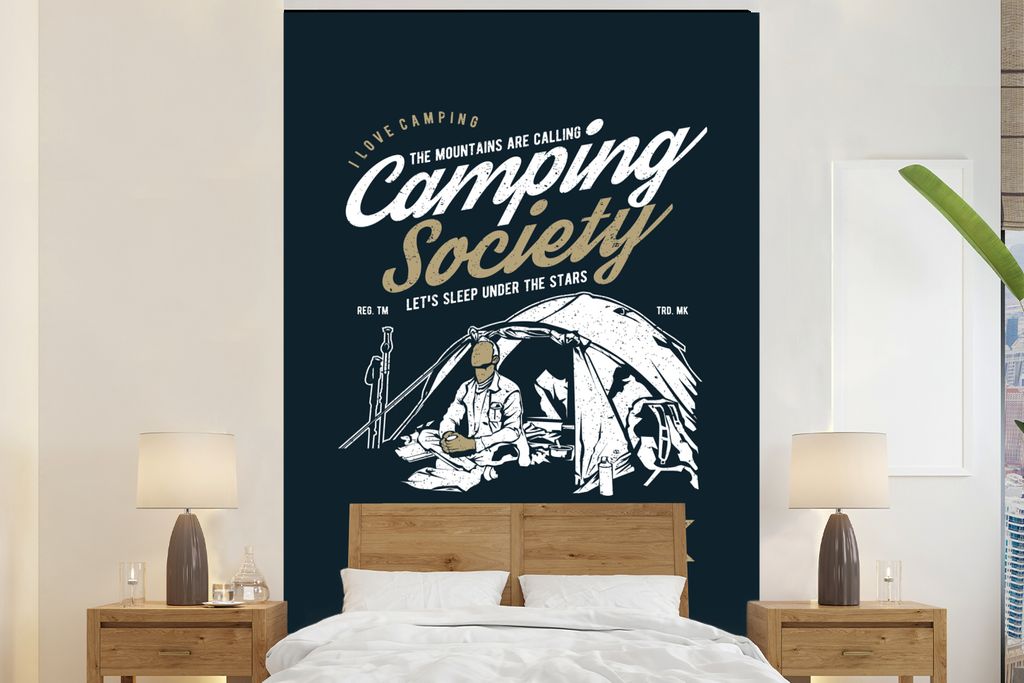 MuchoWow Fototapete für Wohnzimmer oder Schlafzimmer Wandtapete Vinyl Motivtapete Camping - Zelt - Sprichwörter - Vintage - 145x220 cm - Wandde...