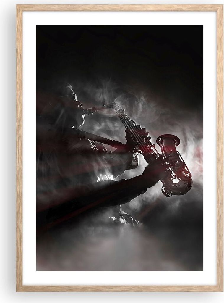 Gerahmtes Poster - Rahmen in heller Eiche - Musiker Saxophonist Schwarz - 50x70 cm - Wand Bild - Wanddeko - Wandbilder - Wandposter - Bilderrahmen ...