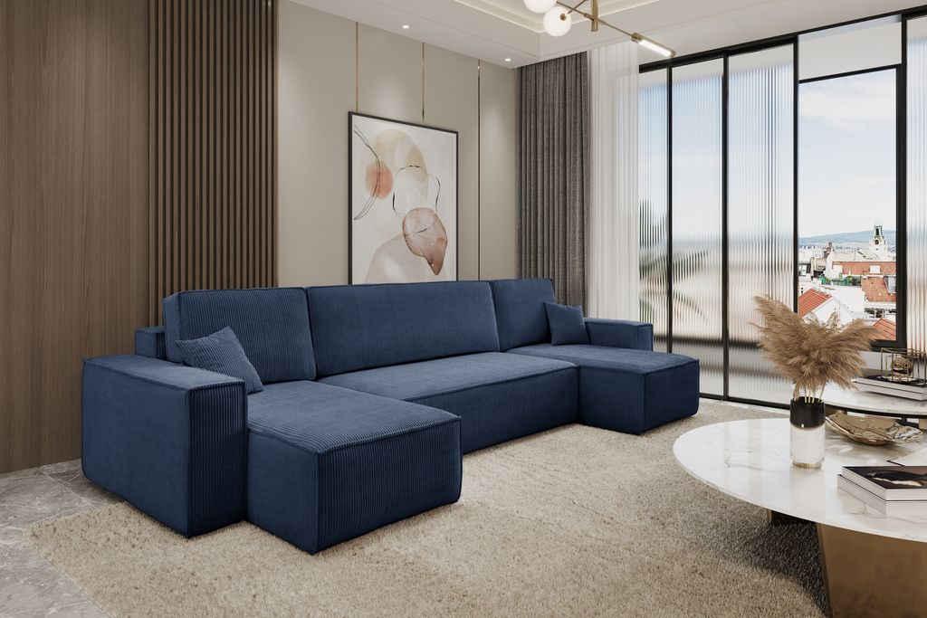 Emoebel24 Ecksofa mit Schlaffunktion, U-form, Bettcouch, Ecckouch DENIS Stoff Poso Dunkelblau