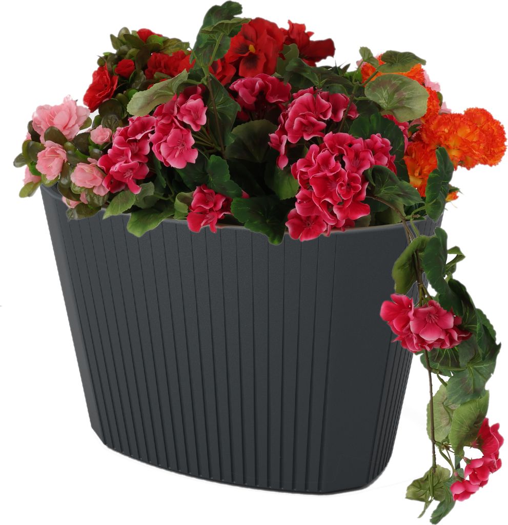 Blumentopf Blumenübertopf Blumenkübel mit Große Einsatz Farbe Anthrazit Oval 59,5x39 cm H 41 cm Rille Oberfläche Matt Kunststoff Modern Glamour...