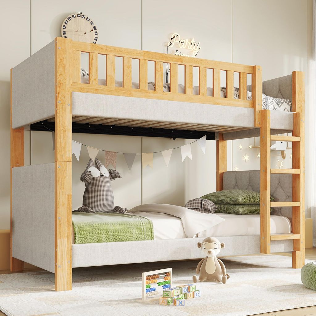 Flieks Etagenbett 90x200cm mit Rausfallschutz und Lattenrost, Kinder Hochbett mit Leiter, Kinderbett Holzbett Einzelbett für 2 Kinder, Naturbelassen