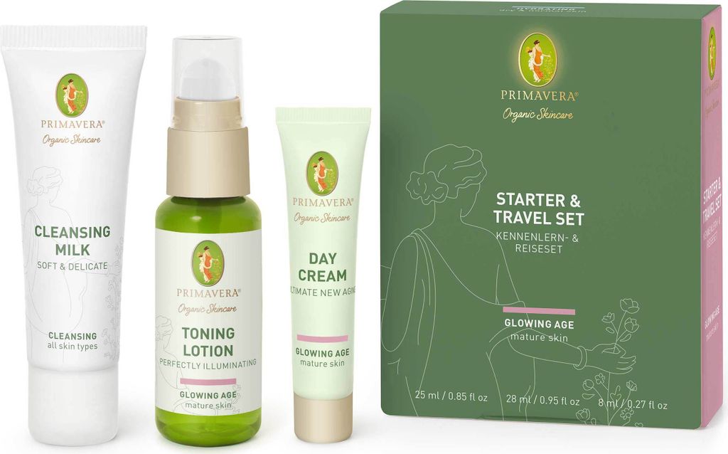 PRIMAVERA Glowing Age Starter and Travel Set Natural Cosmetics for Mature Demanding Skin - Cleaning Toner Care - Vegan Gift Box