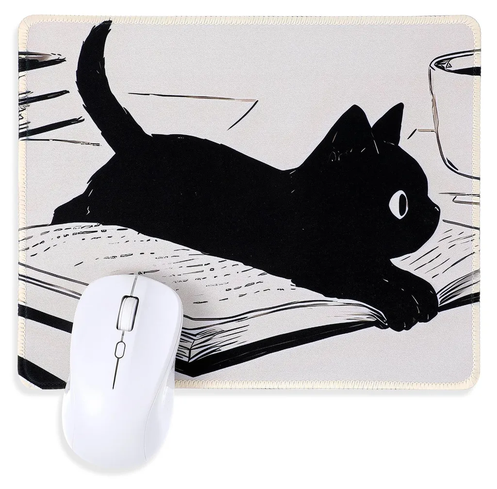 Tapis de souris kawaii chat noir avec bords cousus anti-effilochage