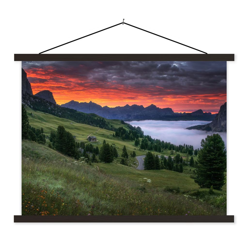 MuchoWow Textilposter Gras - Berge - Abend 150x113 cm mit schwarzem Rahmen - Wohnzimmer