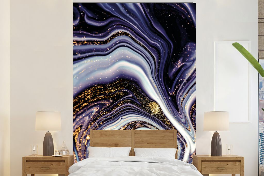 MuchoWow Fototapete für Wohnzimmer oder Schlafzimmer Wandtapete Vinyl Motivtapete Marmor - Lila - Luxus - Marmoroptik - Glitzer - 145x220 cm - W...