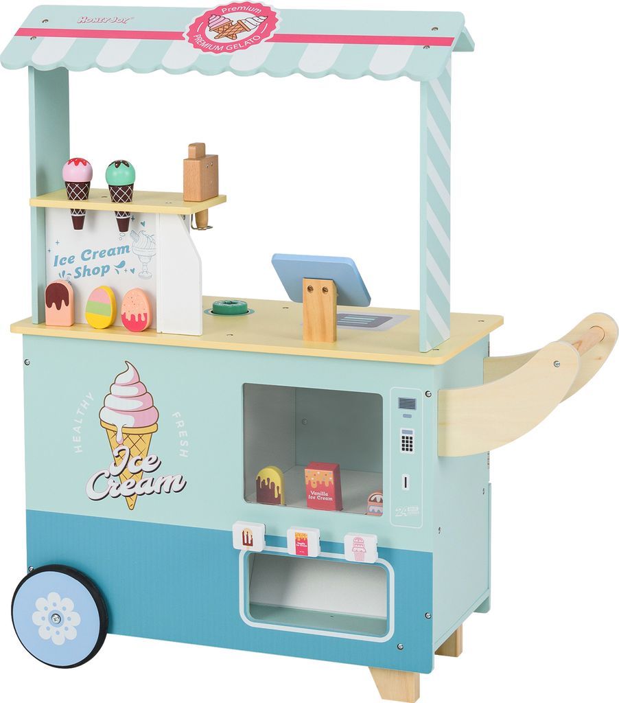 DREAMADE Kinder-Eiswagen-Spielzeug mit 15 Teilen, Eisstand mit automatischem Spender, Theke und Kasse, mobiler Eiswagen für Kinder ab 3 Jahren