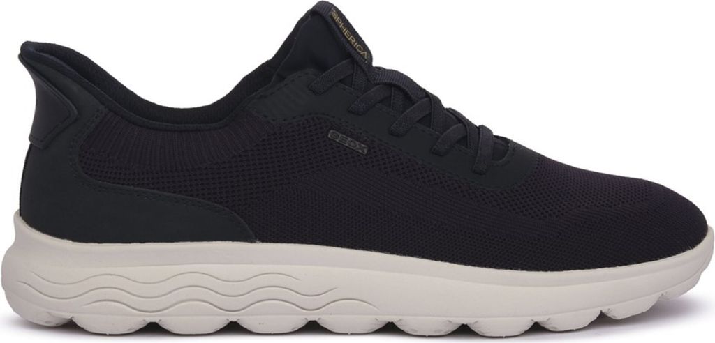 A side view of a navy blue Geox sneaker with a beige sole.