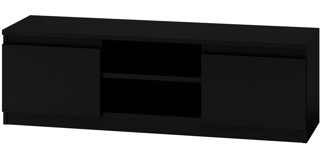A black TV stand with two doors and an open central compartment with a shelf.