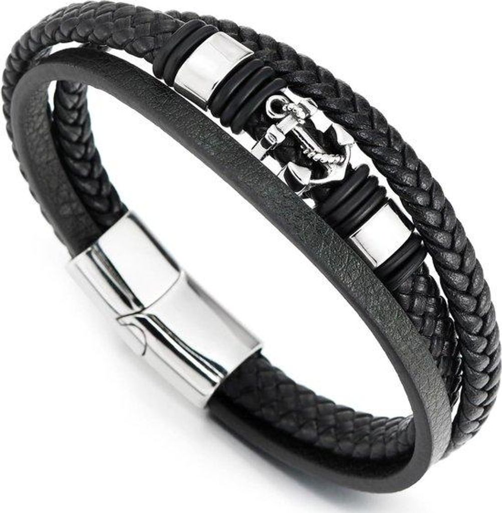 Stahlmarke-Armreif - schwarzes geflochtenes Lederarmband - Herren - 21,5 cm - ohne Edelstein