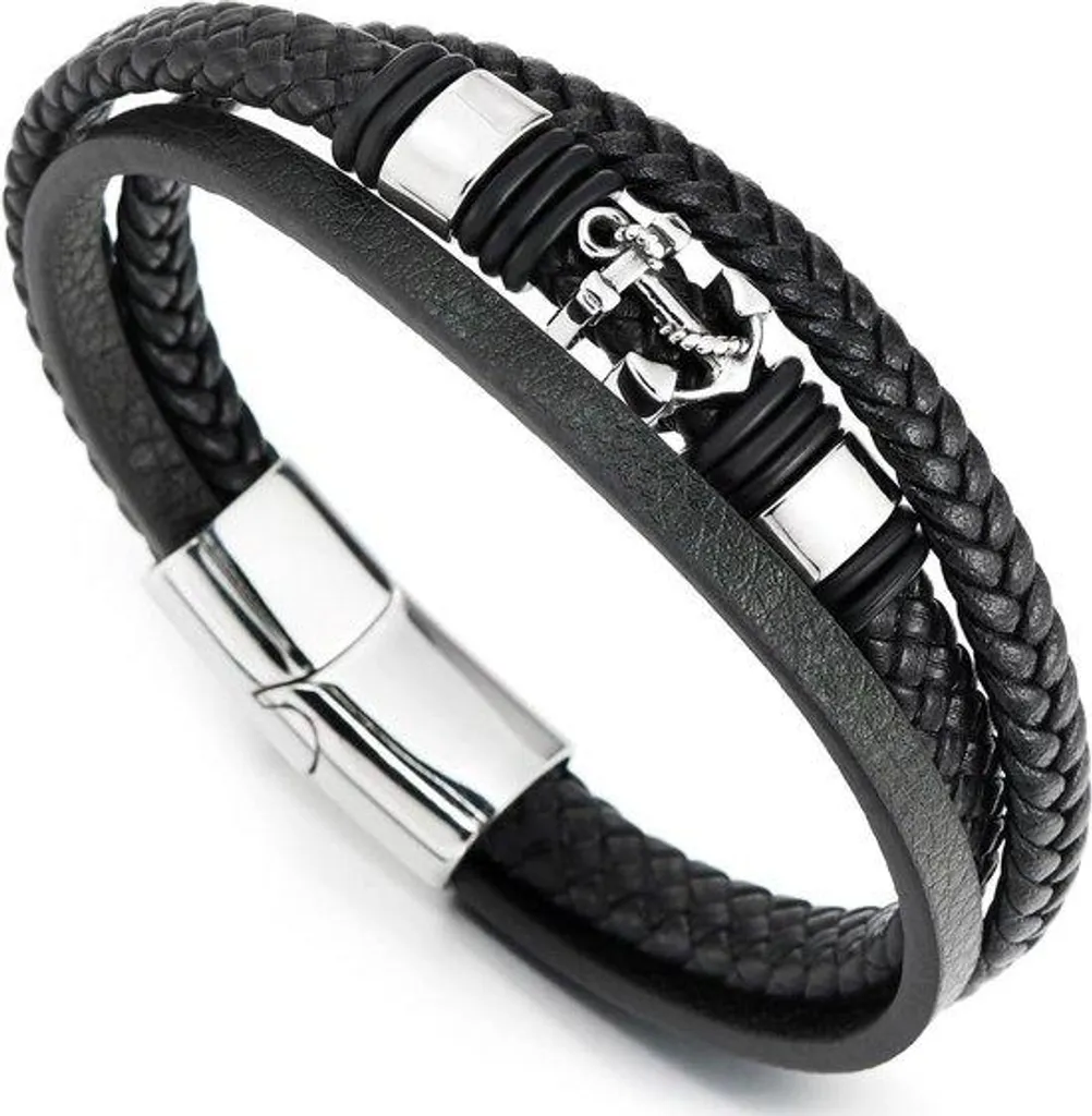 Bracelet rigide en acier et cuir tressé noir homme 21,5 cm sans pierre