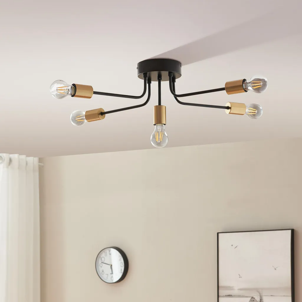 Plafonnier Design Benfleet 57cm Métal Noir et Laiton 5 Sources E27