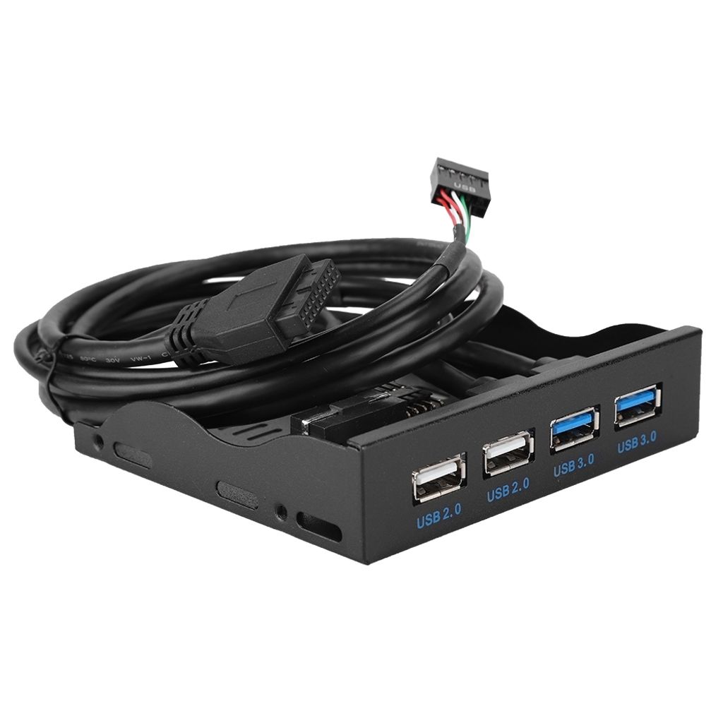 A black computer front panel with USB ports and cables.