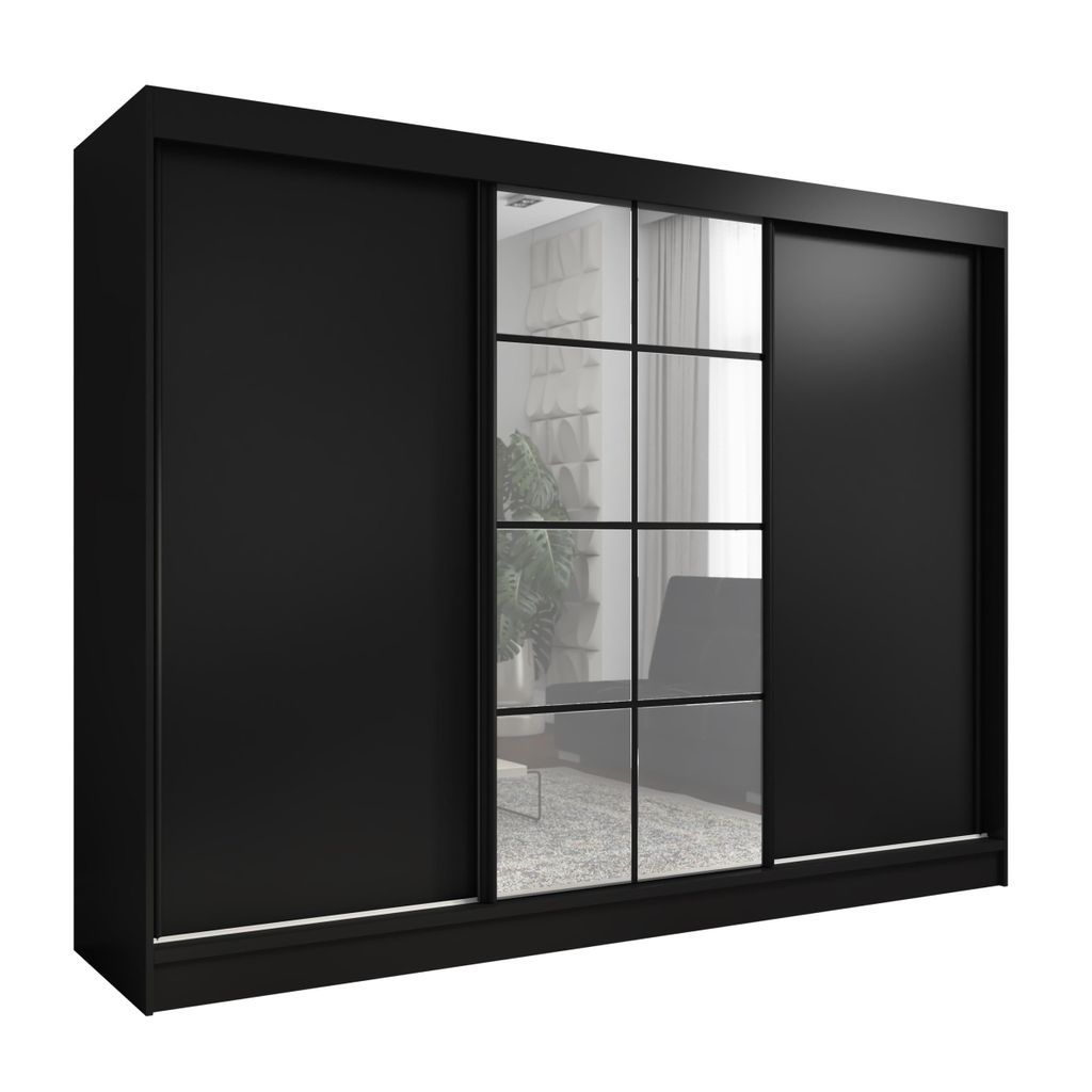 A black wardrobe with mirrored doors.