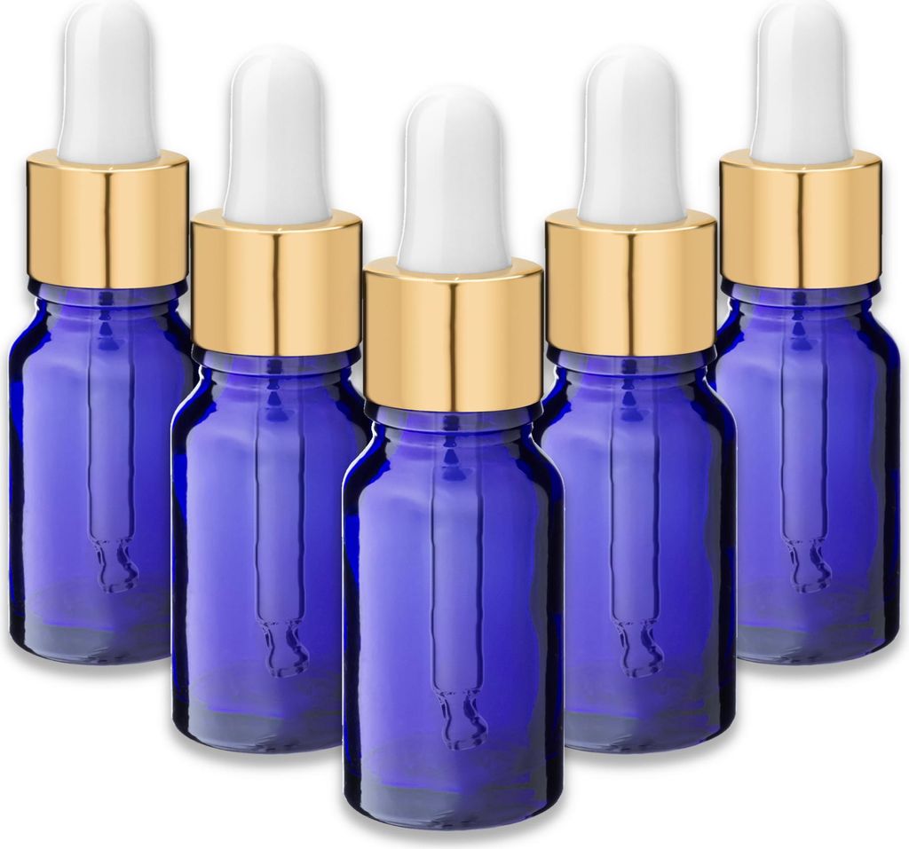 5x Blaue Glasflasche 10 ml mit goldener Aluminium-Pipette Tropfen leer