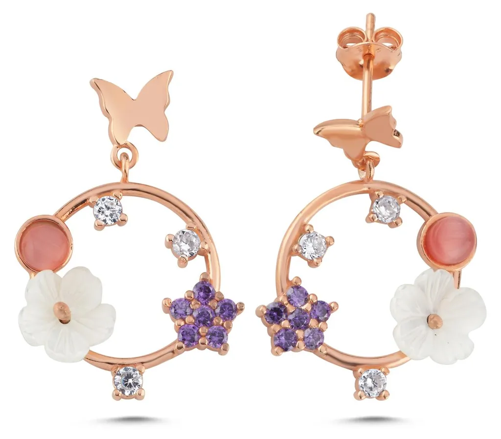 Dormeuses en argent plaqué or rose fleur et papillon sertis de strass