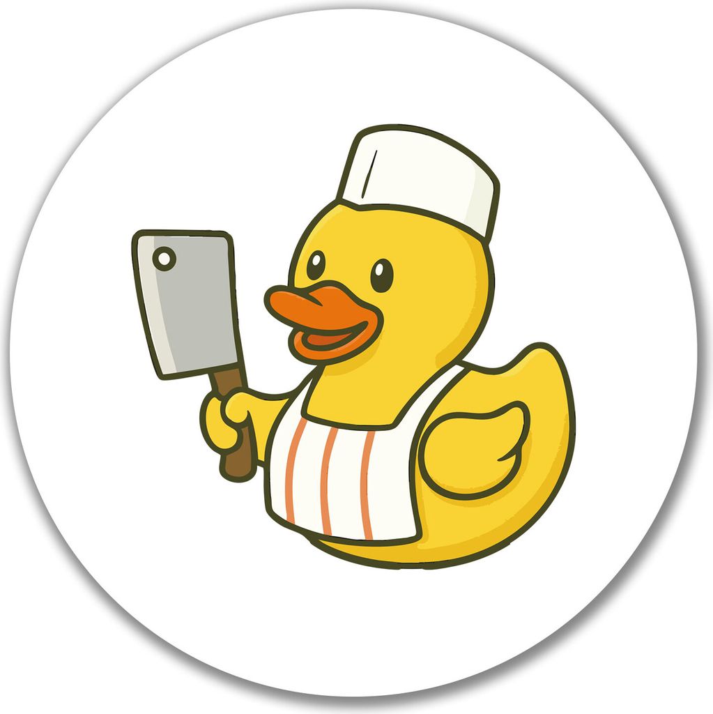 Huuraa Aufkleber Quietscheente Metzgerei Comic Gummiente 10cm rund Sticker Geschenkidee