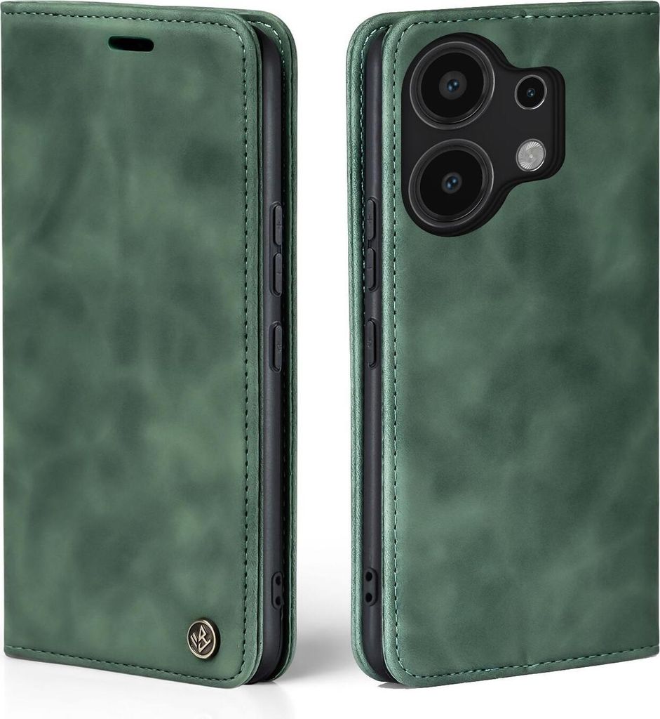 A green flip case for a smartphone is shown from two angles.