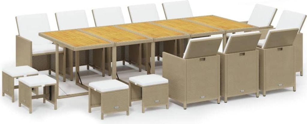 vidaXL 15-tlg. Garten-Essgruppe mit Kissen Poly Rattan Beige