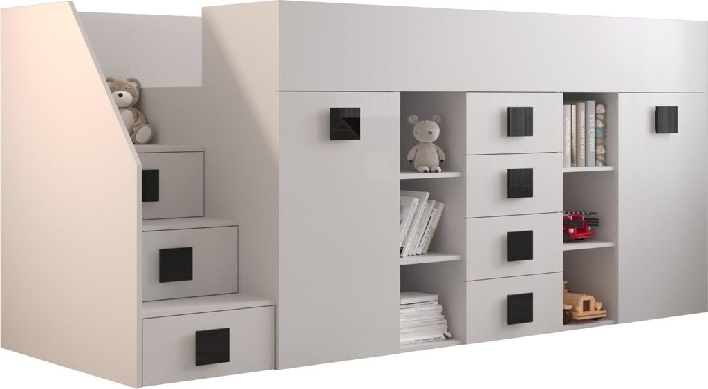 Etagenbett für Kinder Toledo 3 Stockbett mit Treppe, Schreibtisch, Bettkasten (Weiß/Weiß Glanz + schwarze Griffe, Seite: Links)