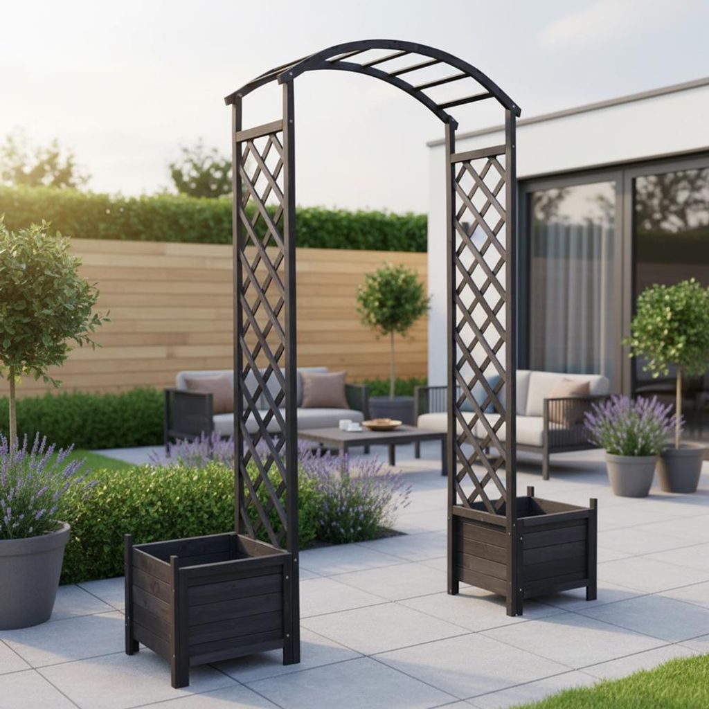 Pflanzkasten mit Rankgitter Torbogen Rosenbogen schwarz Holz