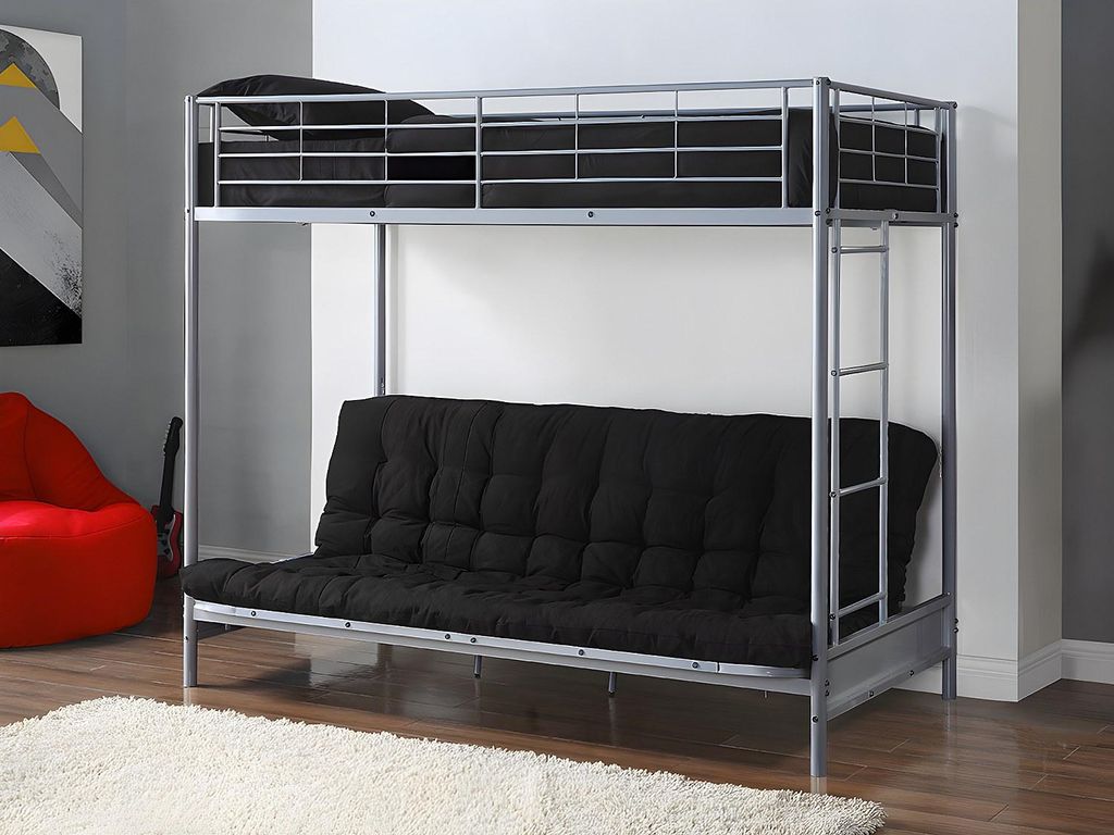 Zwischengeschossbett 90 x 190 cm - Mit klappbarer Bank - Metall - Silber + Futon + Matratze - MODULO V