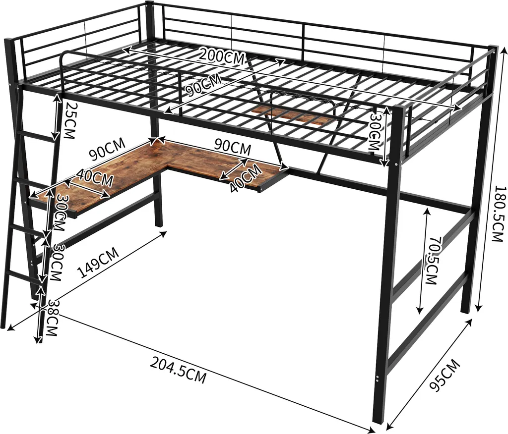 Lit mezzanine pour étudiant 90x200 noir avec grand bureau de travail