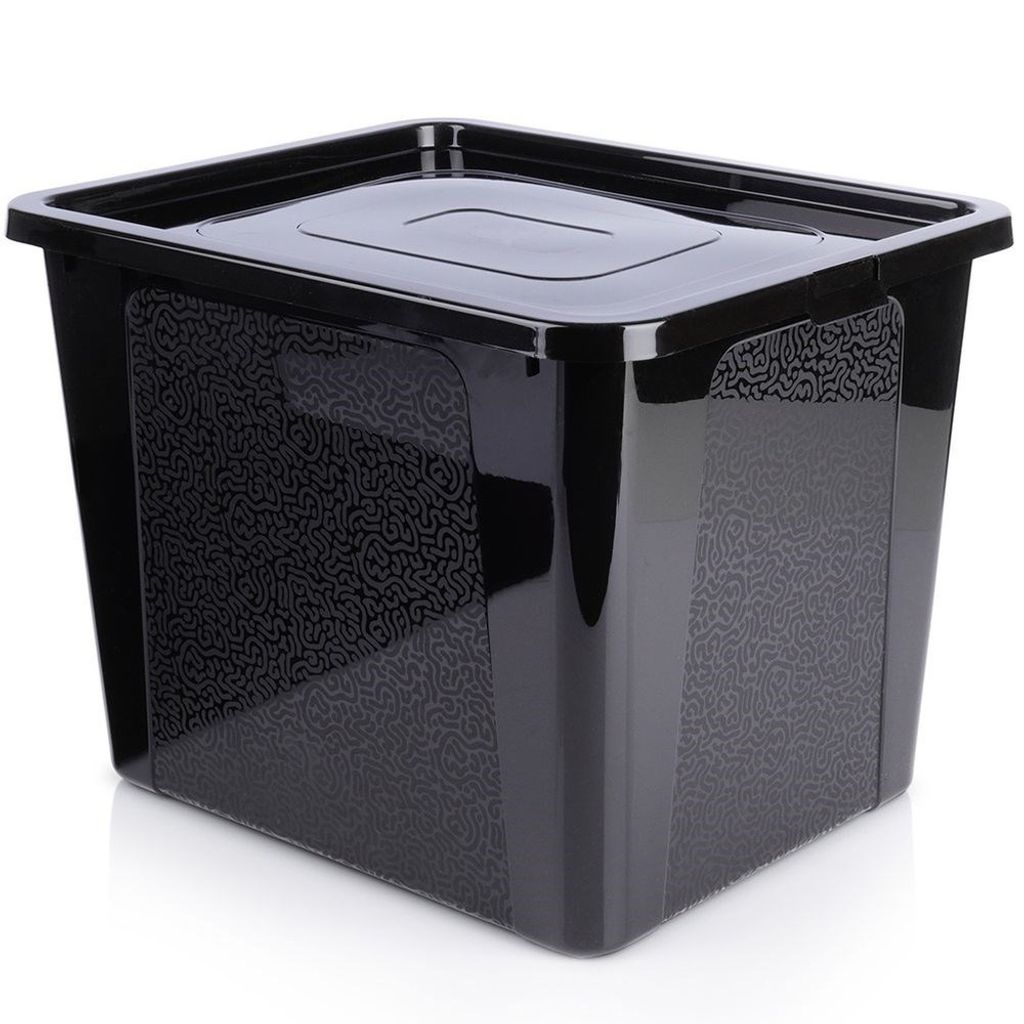 A black storage container with a lid, shown from a front-facing angle on a white background.
