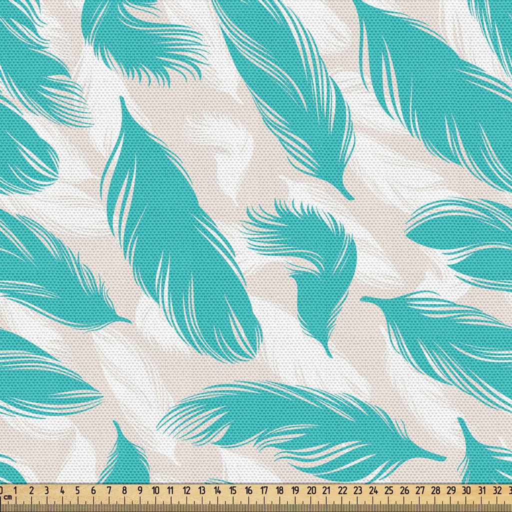 ABAKUHAUS Türkis Gewebe als Meterware, Quills Design Vogel Federn abstrakte Tier Elemente Natur inspiriert, 10 M (148 x 1000 cm), Türkis Weiß Beige