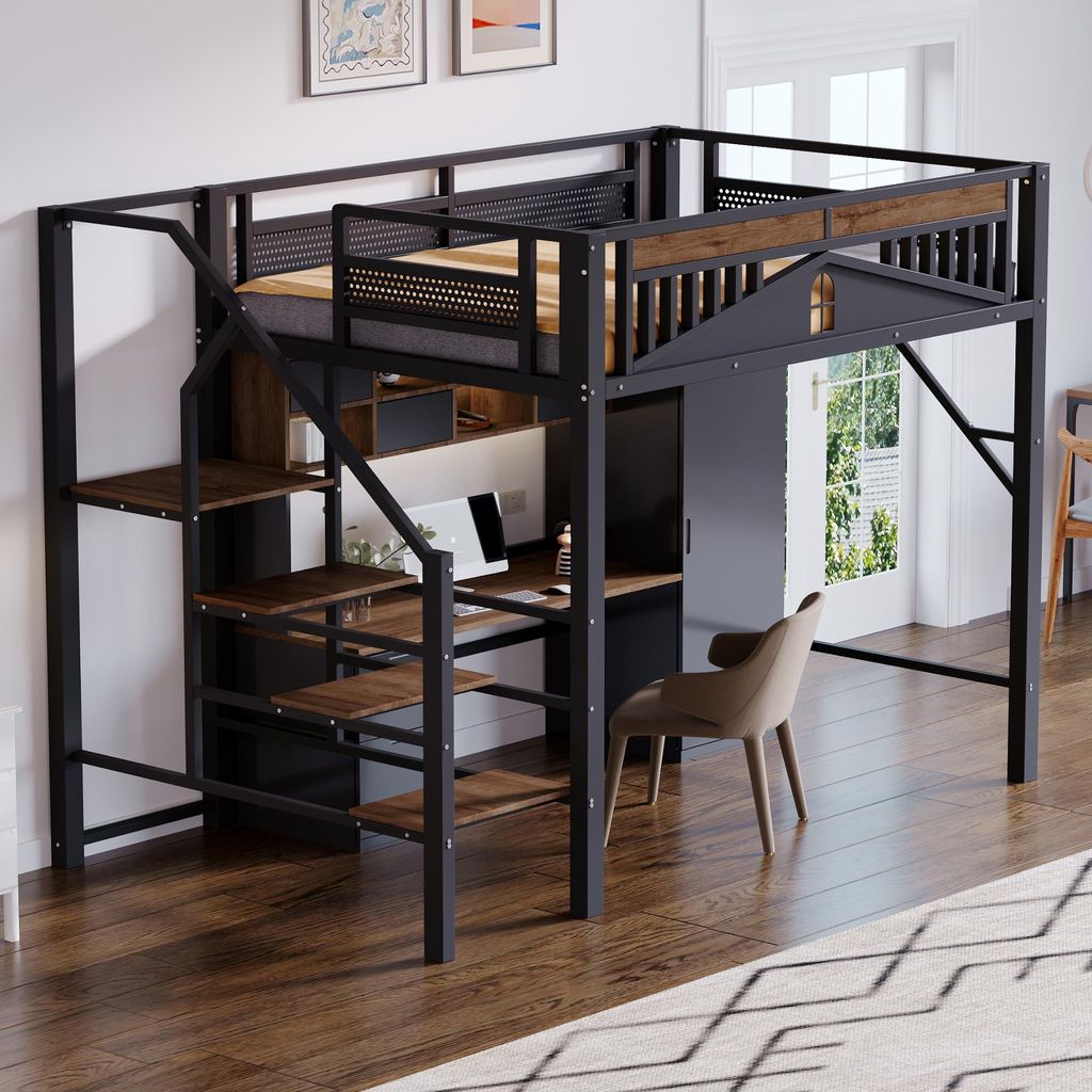 MODFU Hochbett mit Matratze 140x200 mit Sicherheitsumrandung und Fenster,Bettgestell mit Sicherheitsleiter,Jugendbett mit Genügend Platz,Schwarz