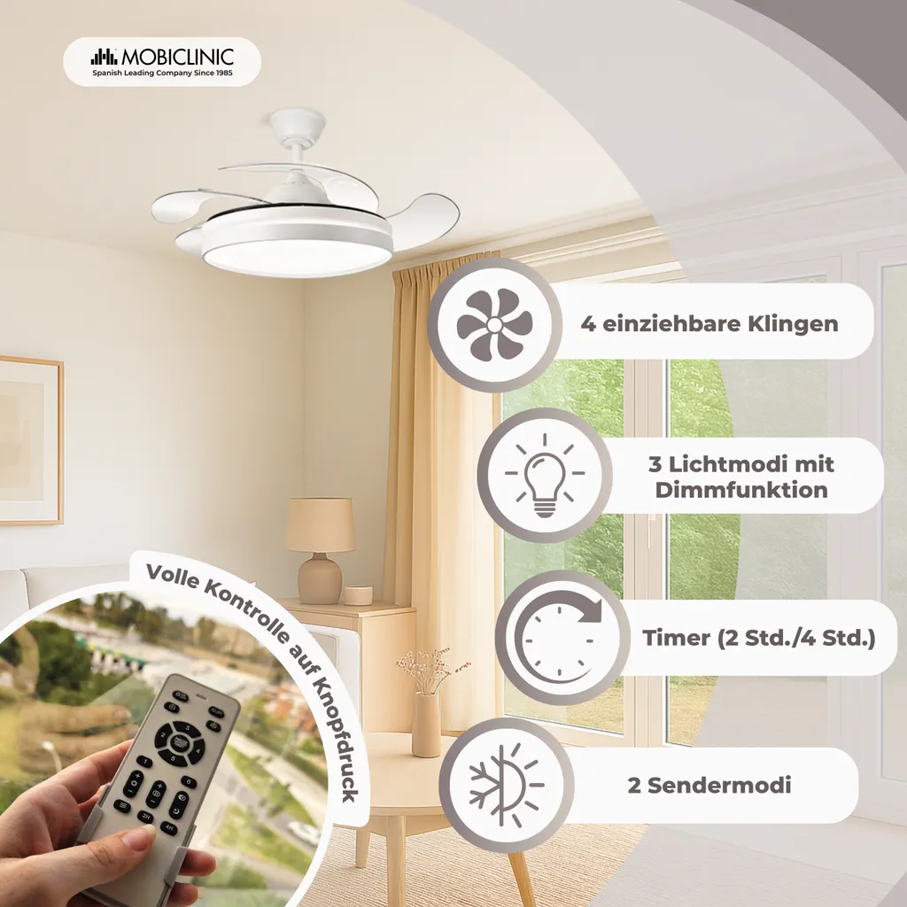 Ventilateur de plafond 6 vitesses Mobiclinic Oasis télécommandé 3 modes LED - 6