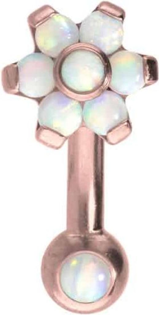 Bauchnabel-Piercing, Rook Piercing Titan Banane mit Push Fit BLUME MIT 7 SYNTHETISCHEN OPALEN + OPALKUGEL RoséGold Stablänge: 6mm | Discgröße: 5mm