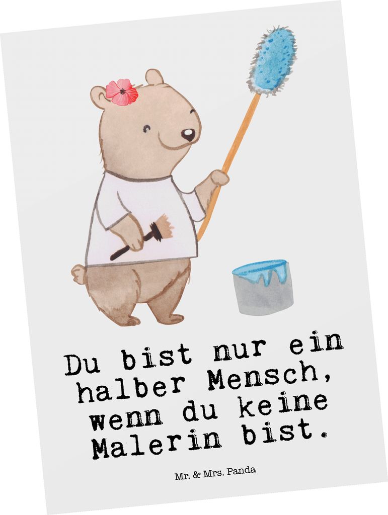 Mr. & Mrs. Panda Postkarte Malerin Herz - Weiß - Geschenk, Grußkarte, Witzig, Ansichtskarten, Malerbetrieb, bildkarte, Maler, Spruch, Lustig, Pos...