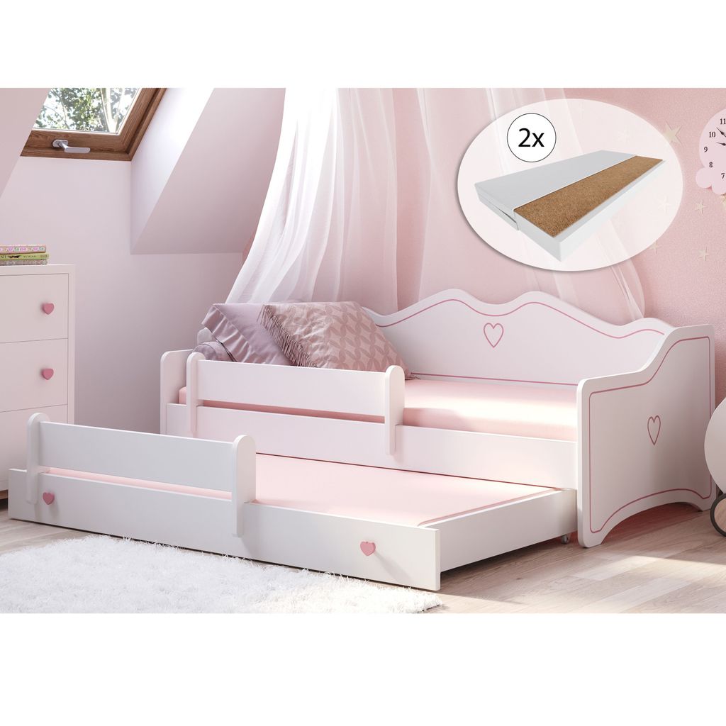 Mädchenbett 80x160 mit Ausziehbett & zwei Matratzen Produktbild 