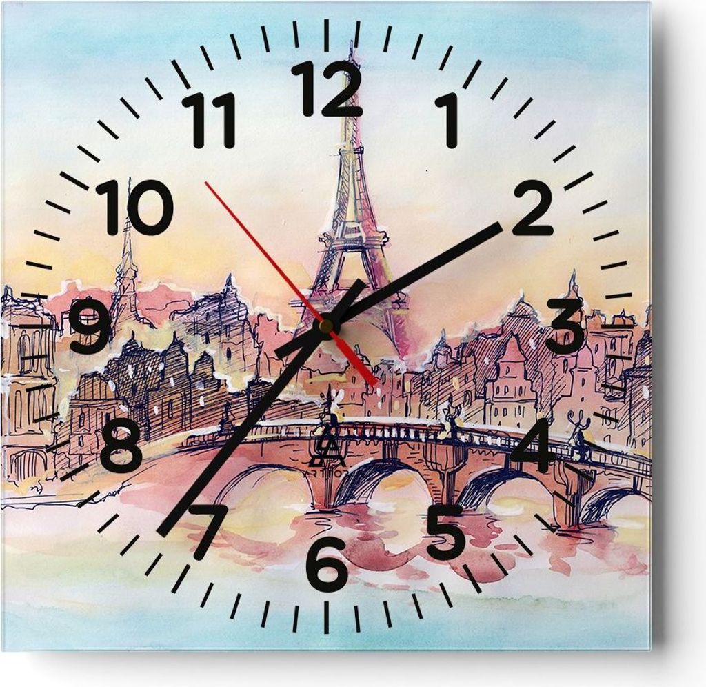 Wanduhr - Quadrat - Glasuhr - Brücke Eiffle Illustration Frankreich - 30x30cm - Schleichendes Uhrwerk - Lautlos - zum Aufhängen bereit - Dekorati...