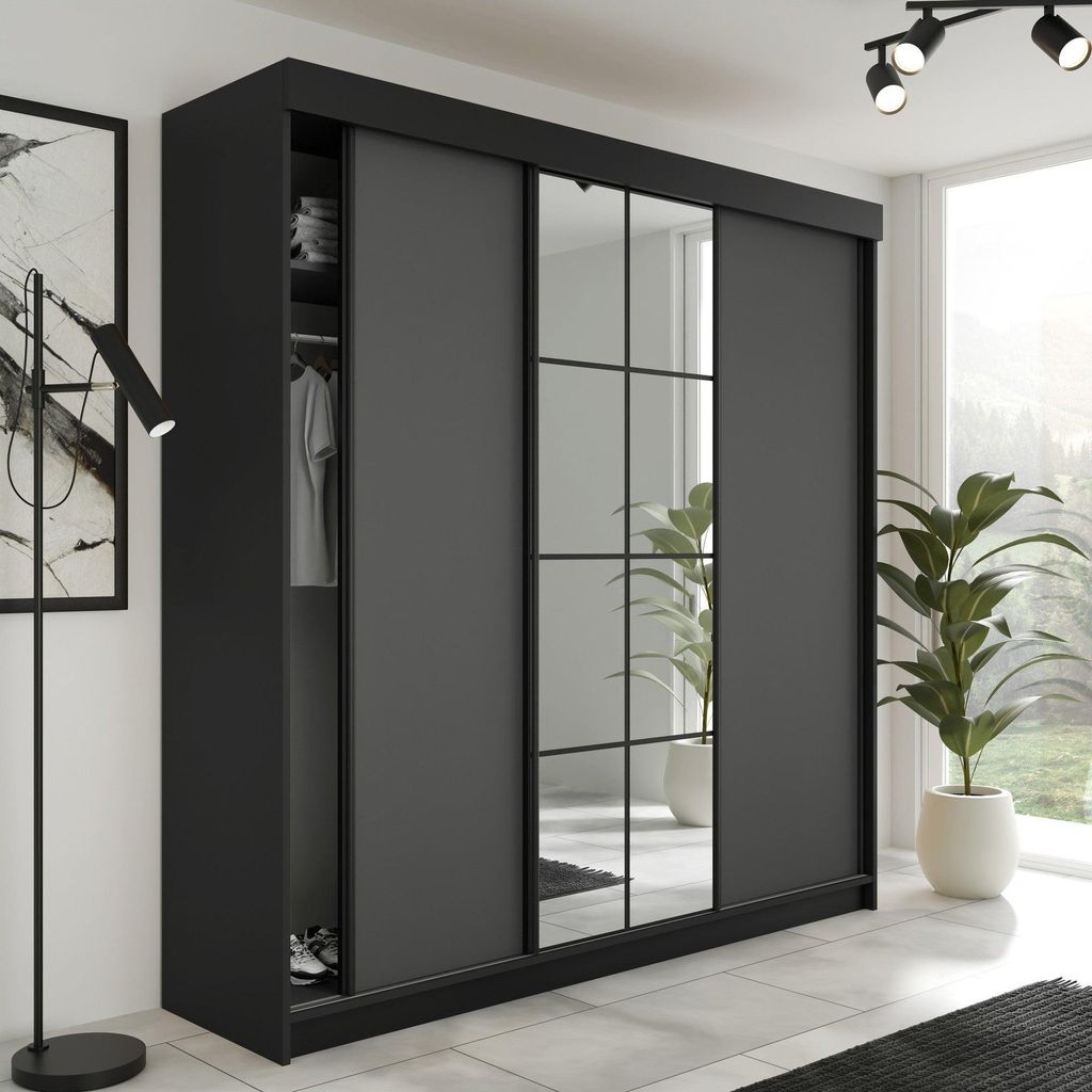 LAMARO Kleiderschrank mit Spiegel. Variante: Farbe Grafit-Anthrazit, Größe 200x205x59