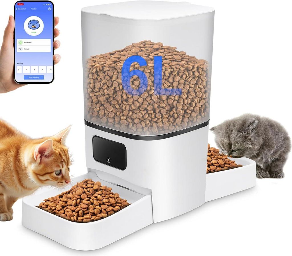 6L Futterautomat Katze, Futterautomat für Katzen & Hunde, Doppel-Ausgabe, App & Timer