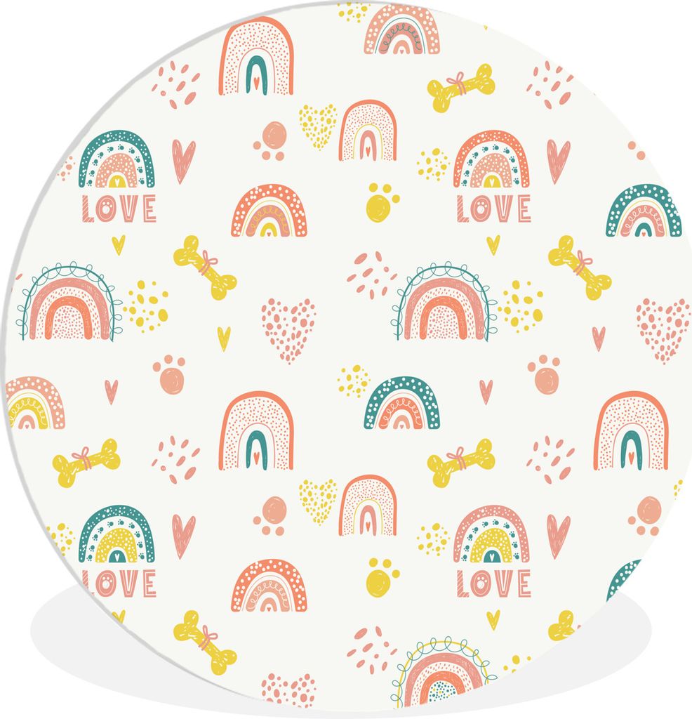 MuchoWow Rundes Wandbild - Runde Bilder Hund Illustration mit Knochen und Regenbögen und Hundespuren auf einem weißen Hintergrund Ø 30 cm Krei...