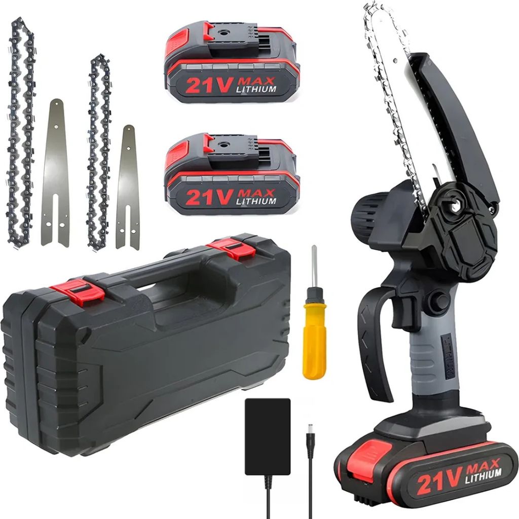 Akku-Kettensäge 21V mit 2 Akku, 2 Ketten 4 Zoll 6 Zoll , Wiederaufladbare Mini-Kettensäge, Handkettensäge, Motorkettensäge zum Schneiden von Ä...