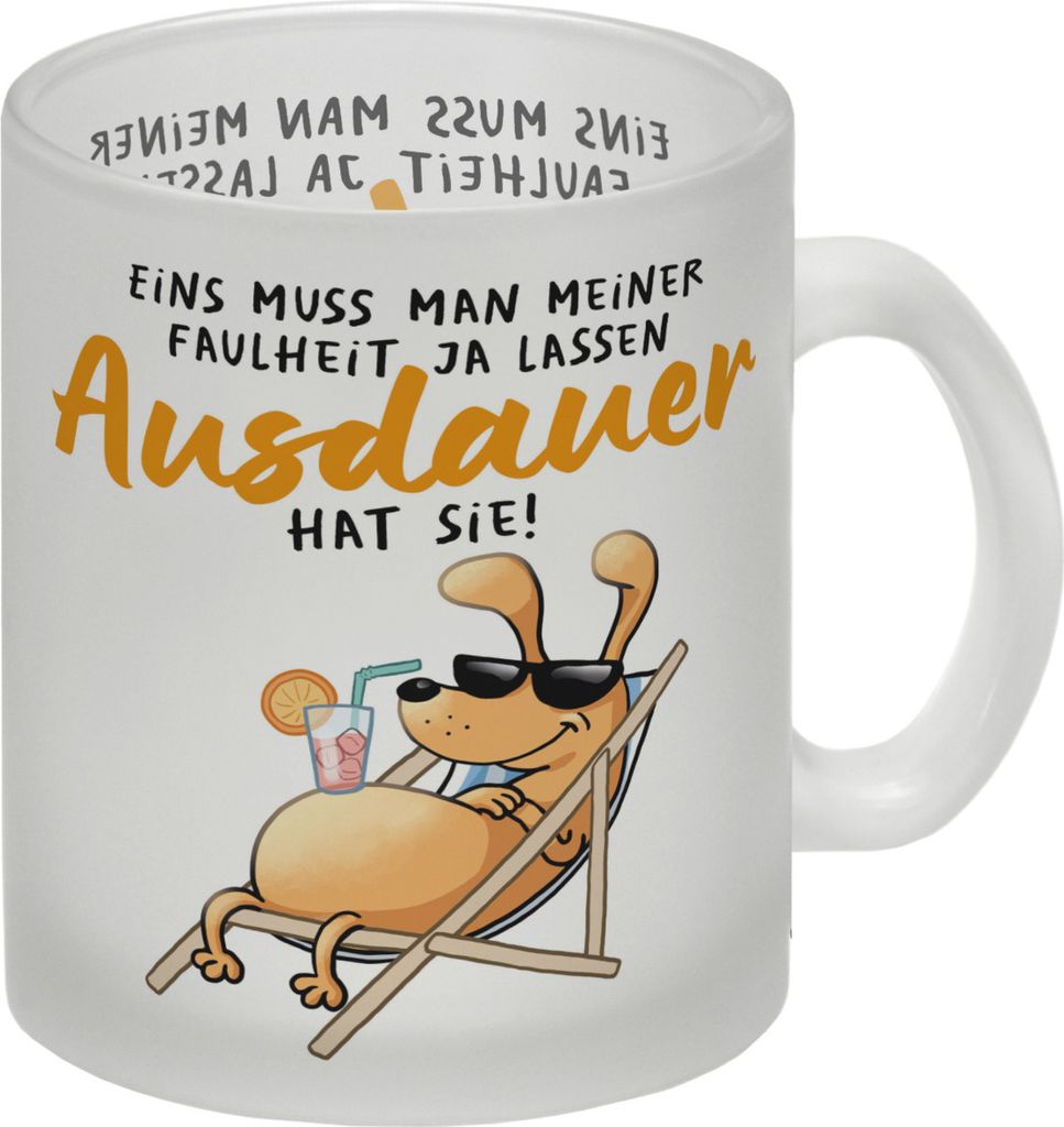 Fauler Hund Glas Tasse mit Spruch Meine Faulheit hat Ausdauer
