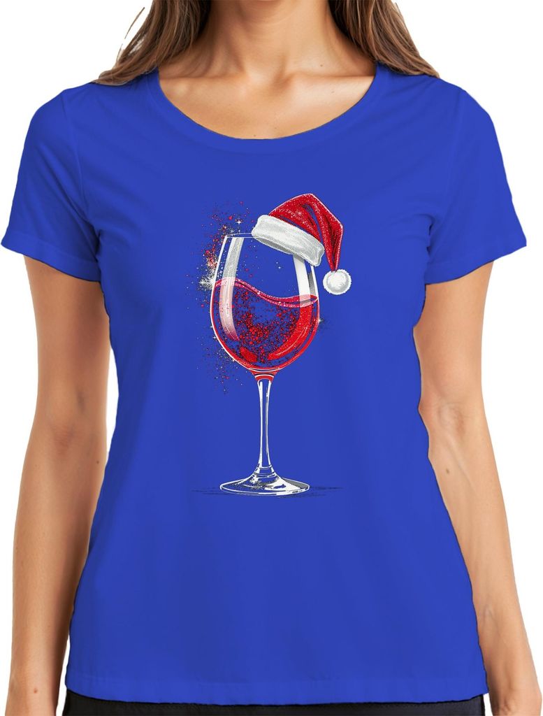 Weinglas Weihnachtsmütze Rotwein Weihnachten Geschenk Weinparty Damen T-Shirt, Blau, S