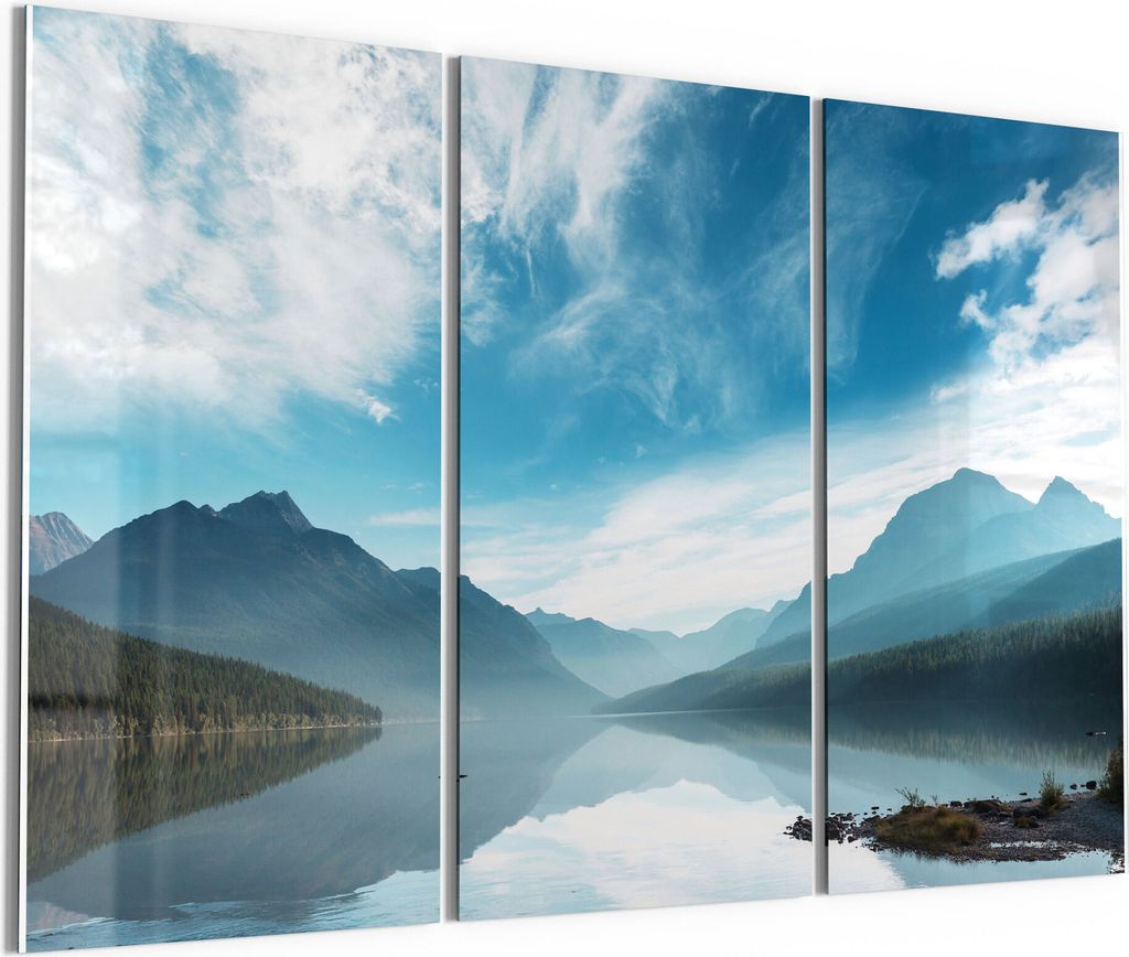 DEQORI Glasbild Echtglas 3x50x100 cm 'Blick über Bowman Lake' Wandbilder XXL groß