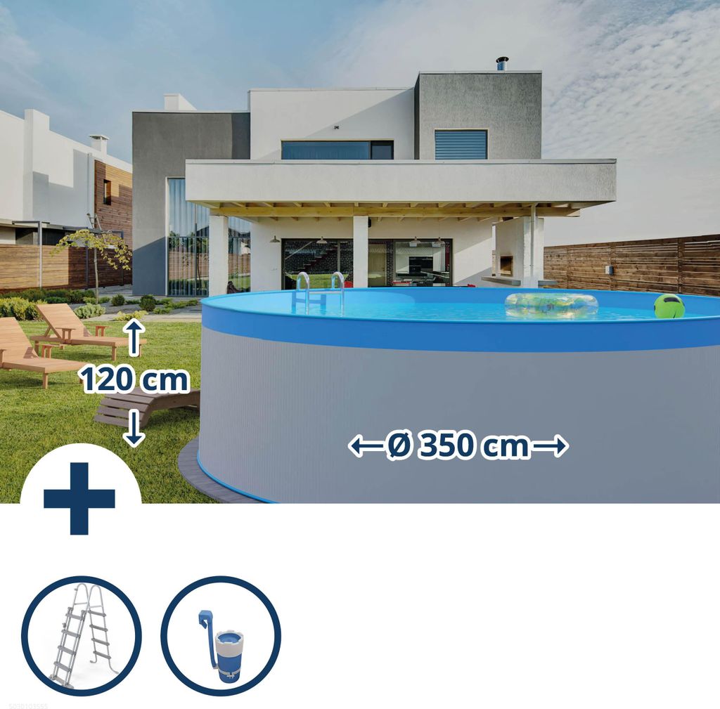 mediPOOL Stahlwandpool Set (5-teilig) rund 350x120 cm, Stahl 0,4 mm weiß, Folie 0,3 mm blau, overlap