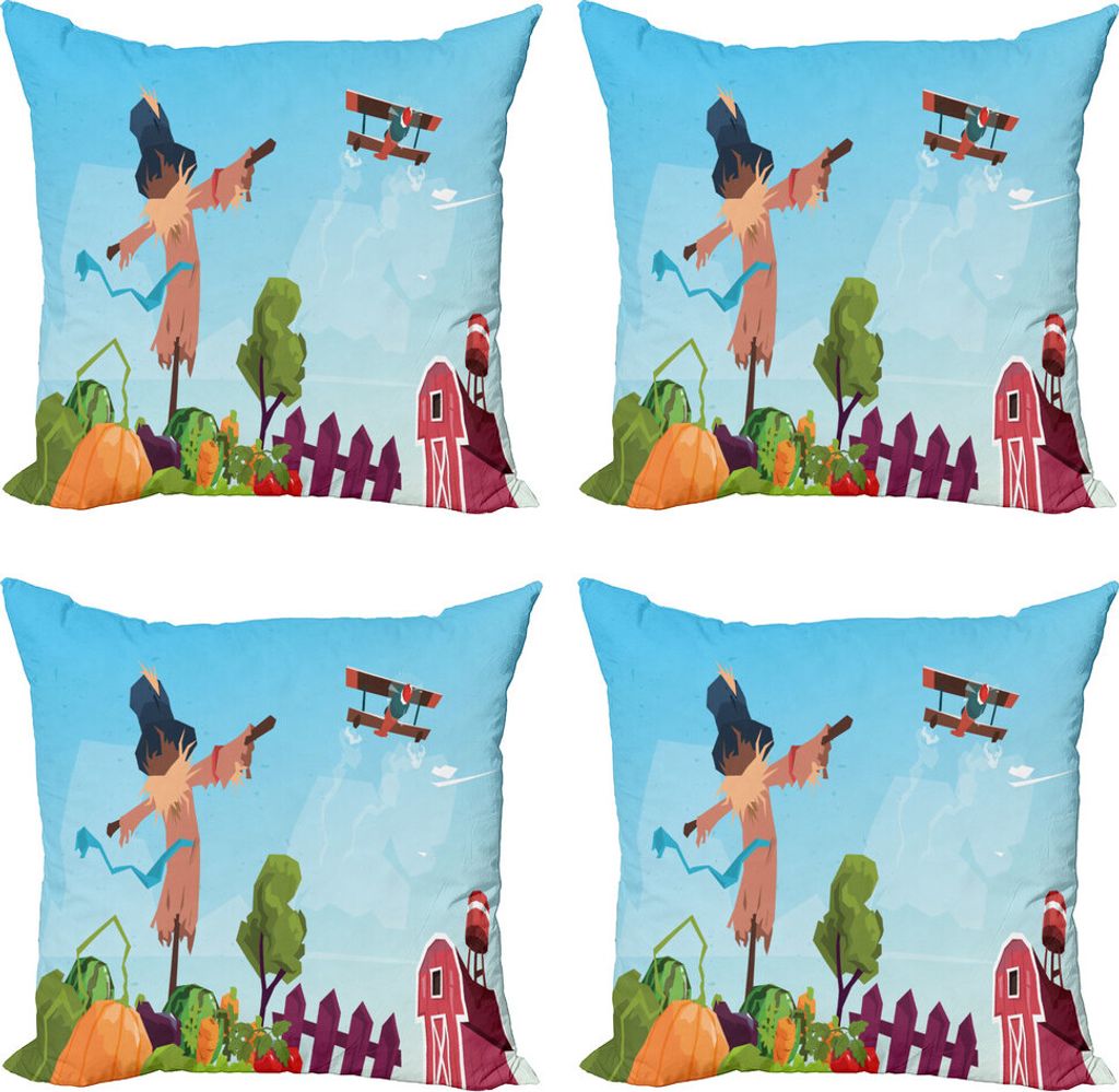 ABAKUHAUS Vogelscheuche Kissenbezug Set (4 Stück), Landschaft-Karikatur, Moderner Doppelseitiger Digitaldruck, 50 cm x 50 cm, Mehrfarbig