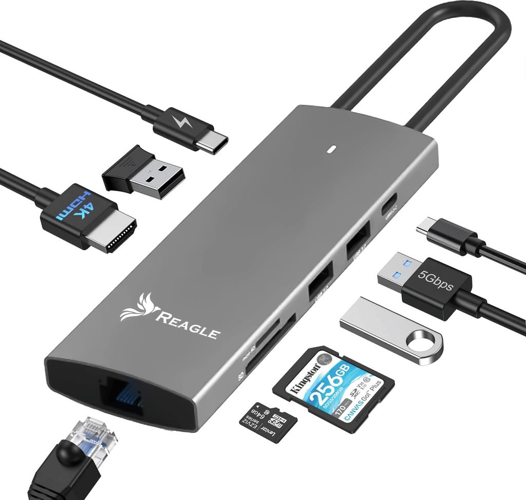 Reagle Hub Usb-C Hdmi 4K 60Hz Usb C Pd 100W Usb 3.2 Lan Rj45 Card Reader