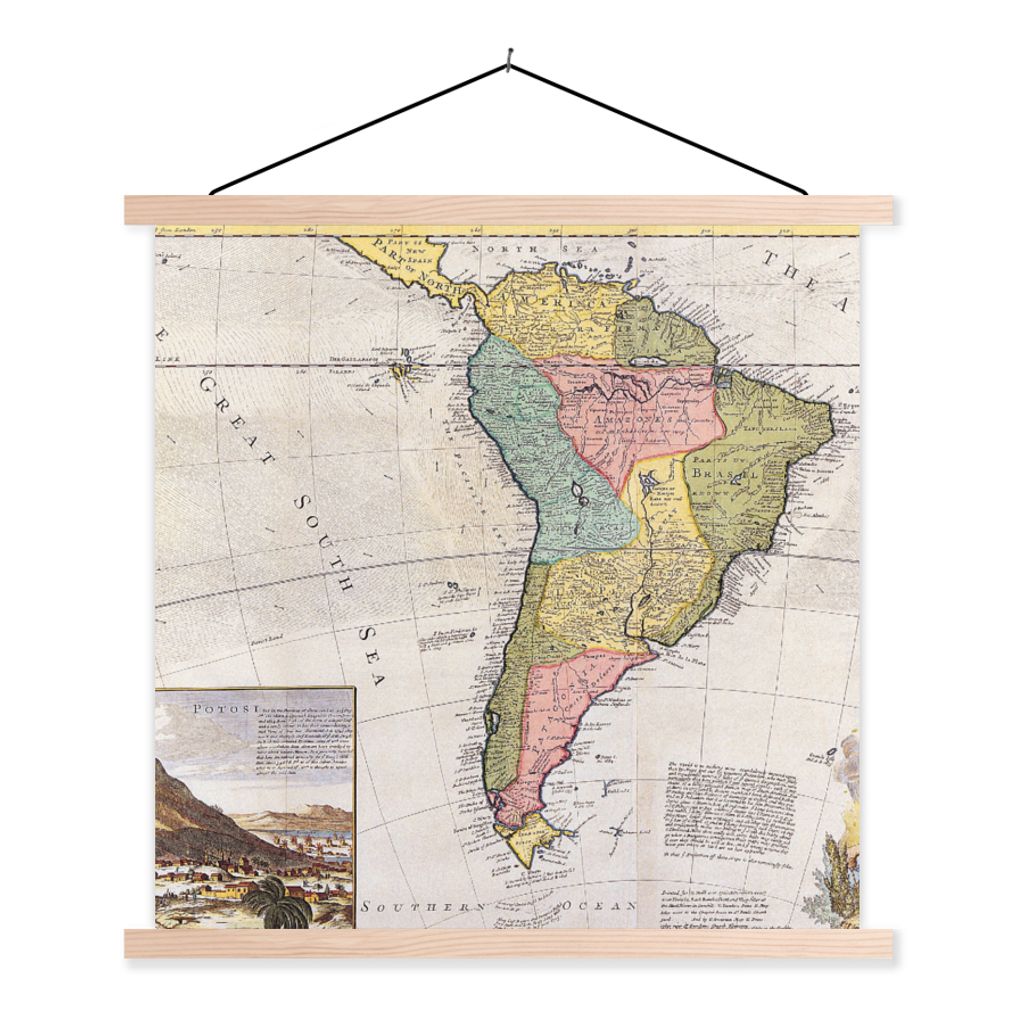 MuchoWow Textilposter Kontinent - Südamerika - Karte - Antike 60x60 cm mit holzfarbenen Rahmen - Wanddekoration