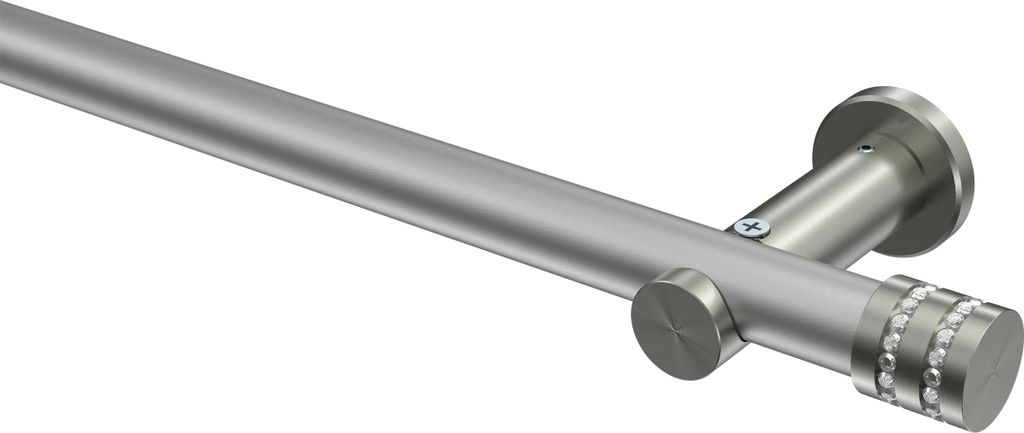 Interdeco Gardinenstange / Vorhangstange Silbergrau / Edelstahl-Optik, Typ Platon Estana (Glitzerkappe) ohne Ringe, 20 mm Ø 1-läufig, 440 cm