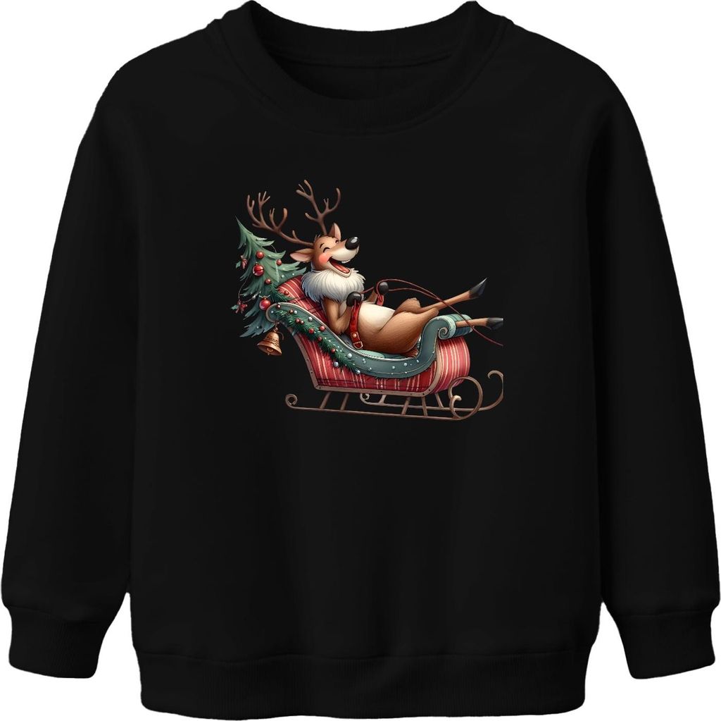 Faules Rentier im Schlitten Weihnachten lustig Geschenk Cartoon Uni Kinder Sweatshirt Pullover, Schwarz, 104