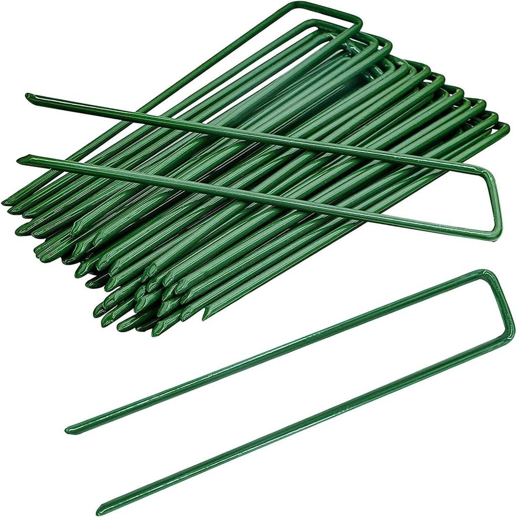 Gartenzaun Haken, 6 Zoll Gartenstangen galvanisiert, grüne Garten U-förmige Netzstäbe, Metallgrasstäbe, Unkrautbarriere, Staubfänger (20 Stück)
