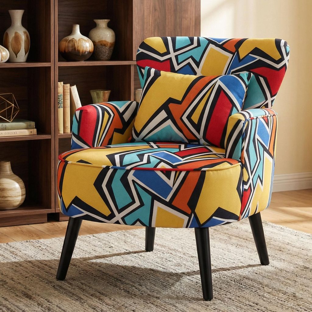 Ohrensessel Bunt, Vintage Sessel Wohnzimmer mit Holzbeinen